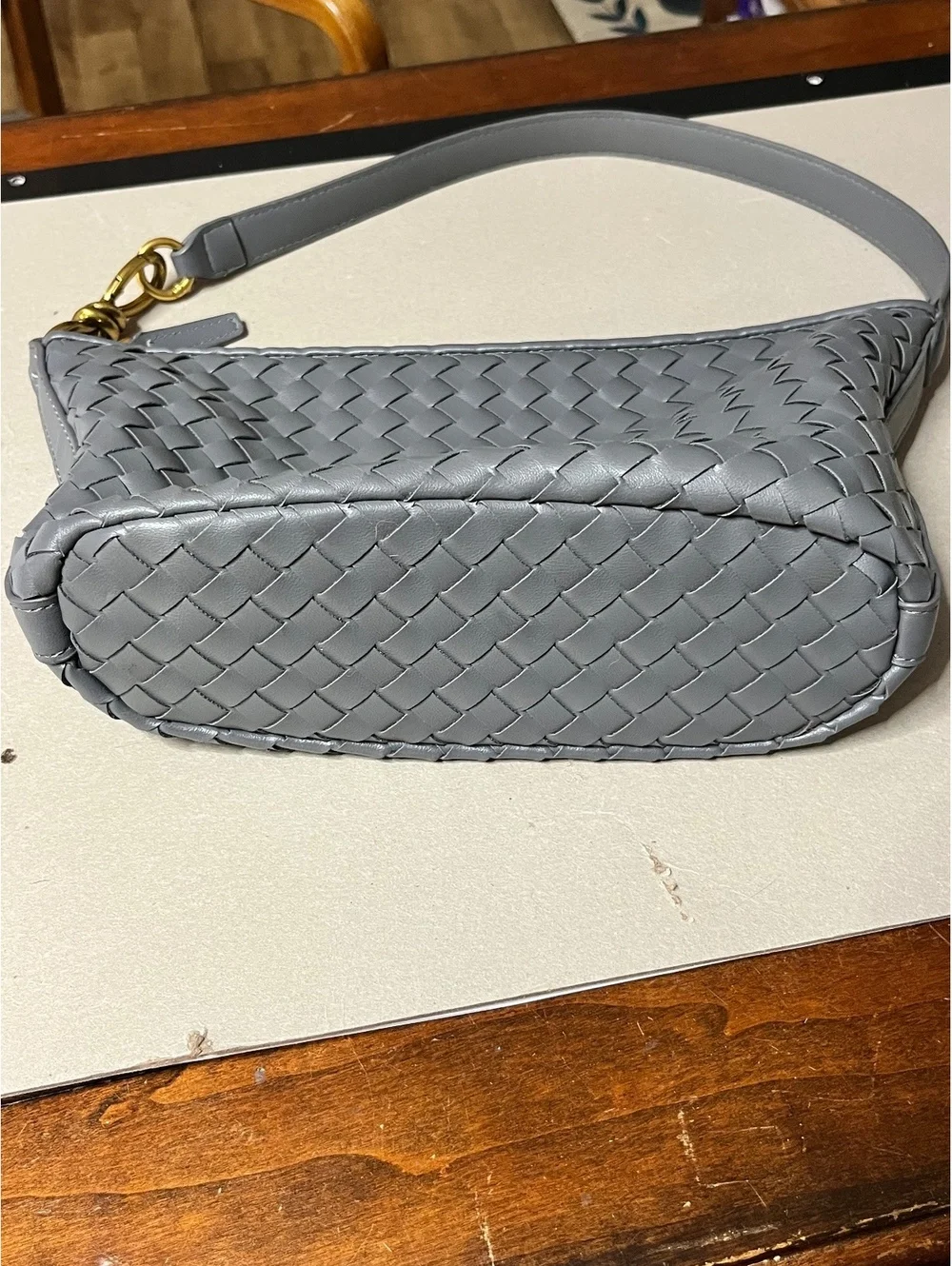 Chic Gray Woven Leather Shoulder Bag with Gold Hardware